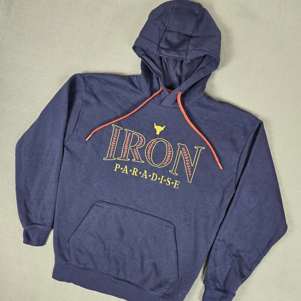 Under Armour Project Rock Hoodie Mens Small Blue Iron Paradise Bull Logo 1380115
